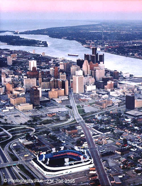 Aerial photo of Detroit with the old Tiger Stadium in the foreground.