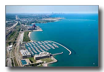 Aerial photo of the Hamond Marina and Chicago skyline