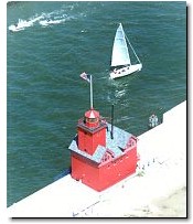 Aerial photo of Big Red and a sailboat at Holland