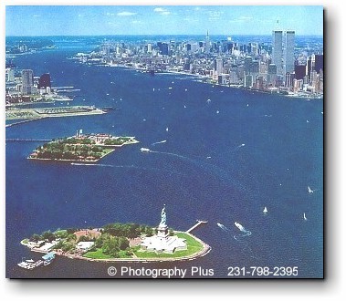 Liberty Island, Ellis Island, & the New York City skyline