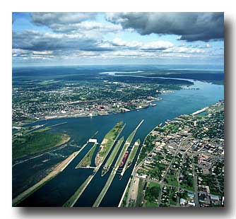 Aerial photo of the Soo Locks looking Northeast