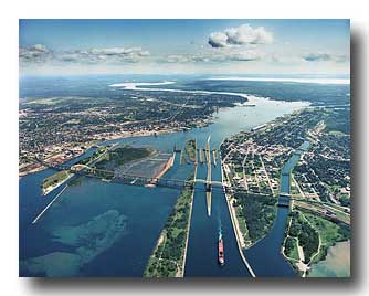 Aerial photo of the Soo Locks looking East